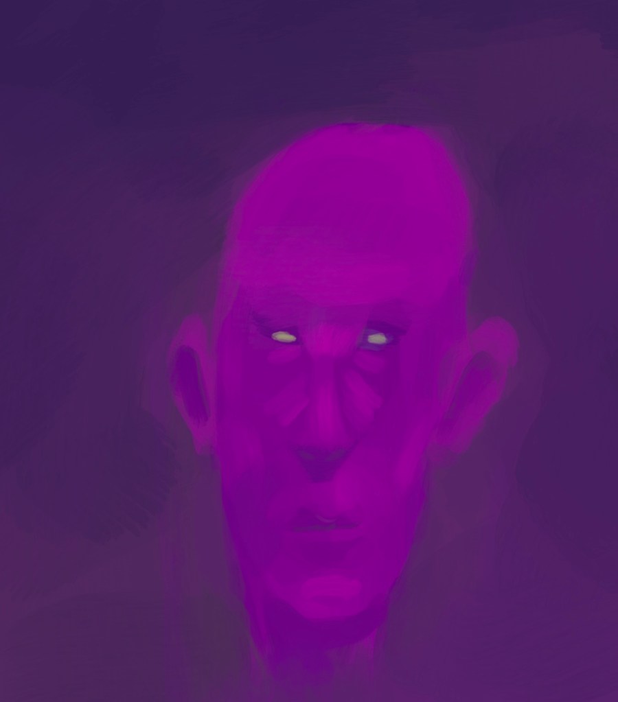 A purple man with green eyes straing at the viewer.